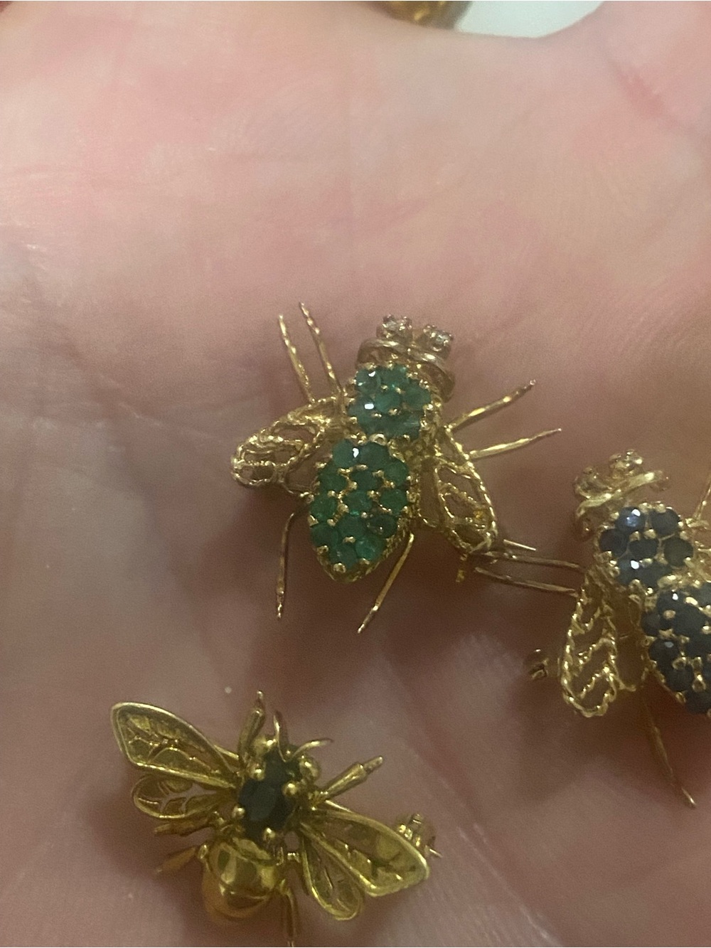 Gold Bee Brooch with Green Crystals - Women's Jewelry all 14 kt gold marked